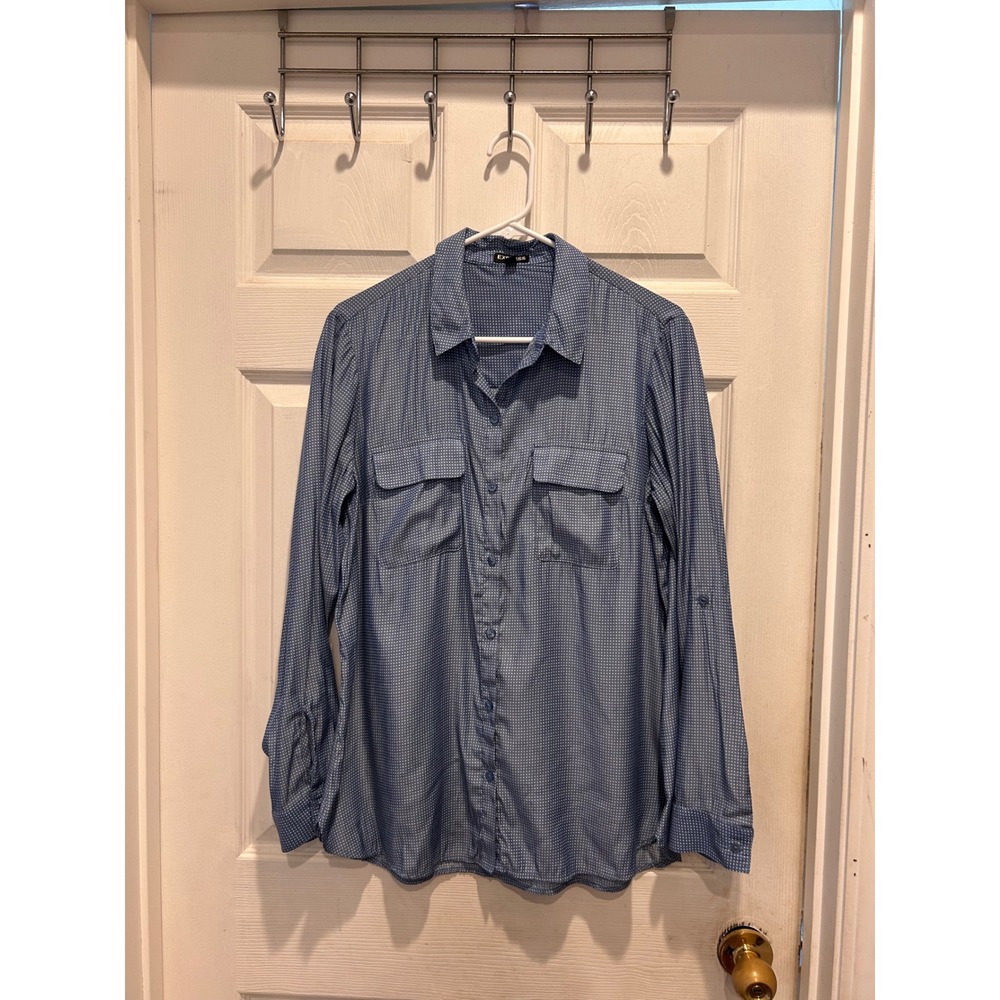 Express Blue Polka Dot Portofino Button Down Shirt Roll Tab Sleeve Womens Large